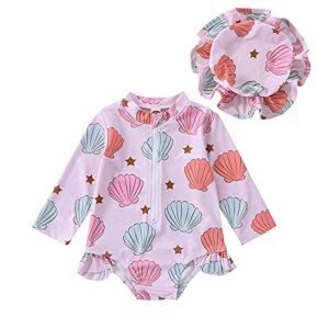 XIXIMAON Maillot de Bain Anti-UV Bébé Fille Combinaison Piscine Costume Natation de Plage Manches Longues Fermeture Eclair +Chapeau de Soleil Swimwear (Coquillage, 6-12 Months) - Publicité