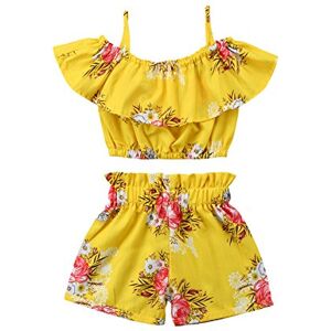 Carolilly Ensemble Florale de 2 Pièces Enfant Bébé Fille Crop-Top à Bretelle sans Manches Col Volant + Shorts Jaune (90 (1-2 Ans)) - Publicité