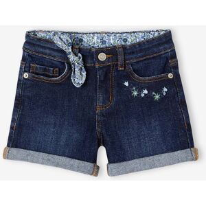 Vertbaudet Short en jean brodé fleurs fille noeud imprimé fleurs denim brut BLEU 7A Fille - Publicité