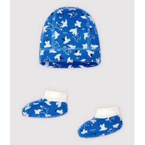 Petit Bateau Lot bonnet naissance et chaussons bleus bebe en tubique en coton biologique Variante 1 12M