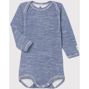 Petit Bateau BODY MANCHES LONGUES À RAYURES BÉBÉ EN LAINE ET COTON Bleu Medieval/Blanc Marshmallow 6M