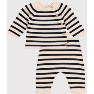 Petit Bateau Ensemble en tricot laine et coton rayure mariniere bebe Blanc Avalanche/Bleu Smoking 18M