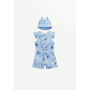 Petit Beguin Combishort bebe + chapeau en gaze de coton bleue Bella Chica