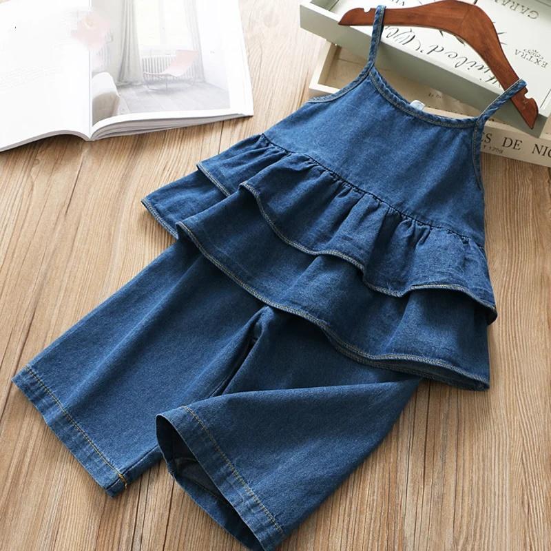 Summer Girls  Clothing Sets Korean Denim Suspender Jacket Top+Wide Leg Pants 2Pcs Casual  Kids Clothes