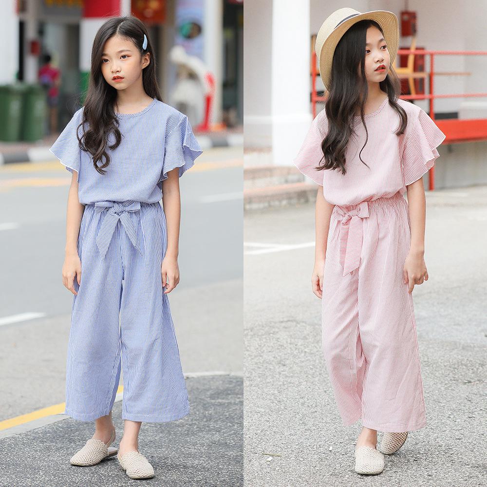 Korean Girls Summer Clothing Sets Kids Striped Ruffle Sleeve +Wide Leg Pants Fashion Two-piece Teenage Outfits Set