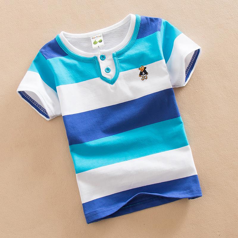 Children s Children s Clothing Boys Summer Short-sleeved T-shirt Double Collar Round Neck Striped Fake Two-piece Embroidery Korean Version