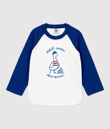 Petit Bateau Tee-shirt en coton bébé. Blanc Marshmallow/Bleu Major 6M