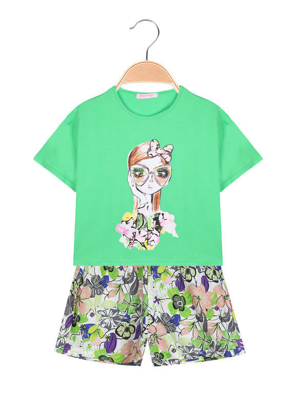 Pink Rabbit Completo corto da bambina t-shirt + shorts a fiori Completi 3-16 Anni bambina Verde taglia 04
