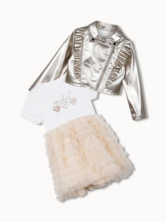 Pink Rabbit Completo da bambina con blazer in ecopelle e abito pomposo in tulle Completi 3-16 Anni bambina Oro taglia 03/04