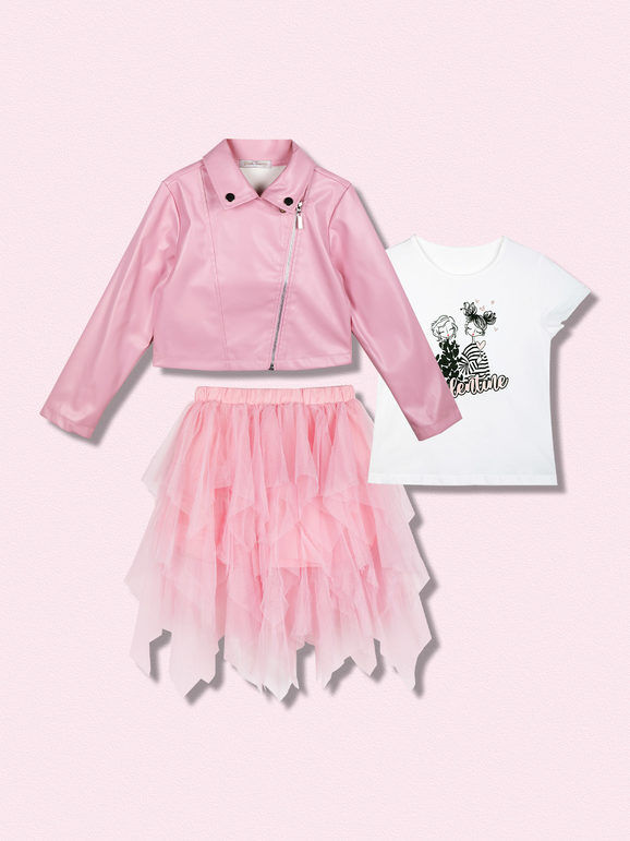 Pink Rabbit Completo da bambina con giacca in ecopelle + t-shirt e gonna in tulle Completi 3-16 Anni bambina Rosa taglia 12