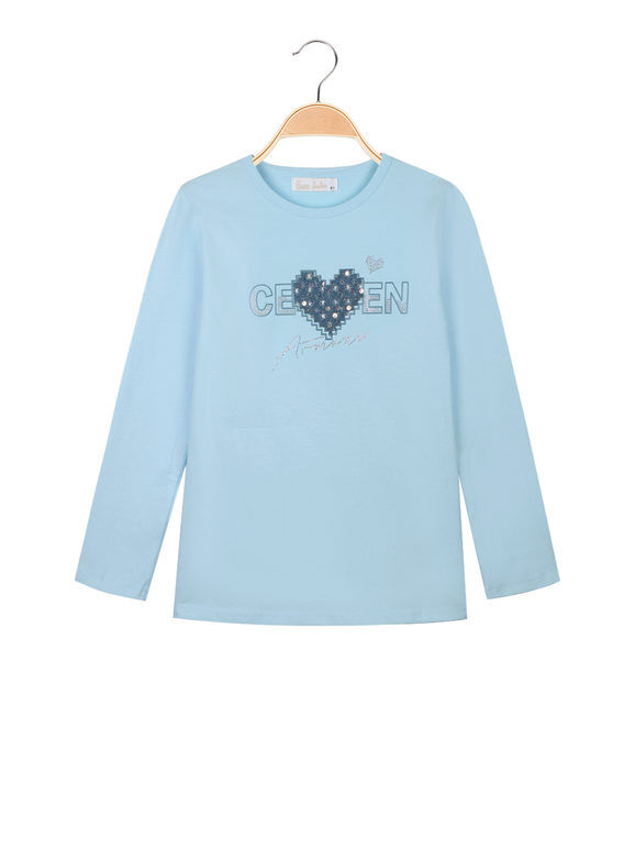 Sweet T-shirt da bambina a maniche lunghe con stampa e strass T-Shirt Manica Lunga bambina Blu taglia 08