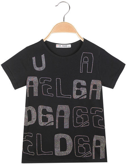 Miss Image T-shirt da ragazza con scritte di strass T-Shirt Manica Corta bambina Nero taglia 08