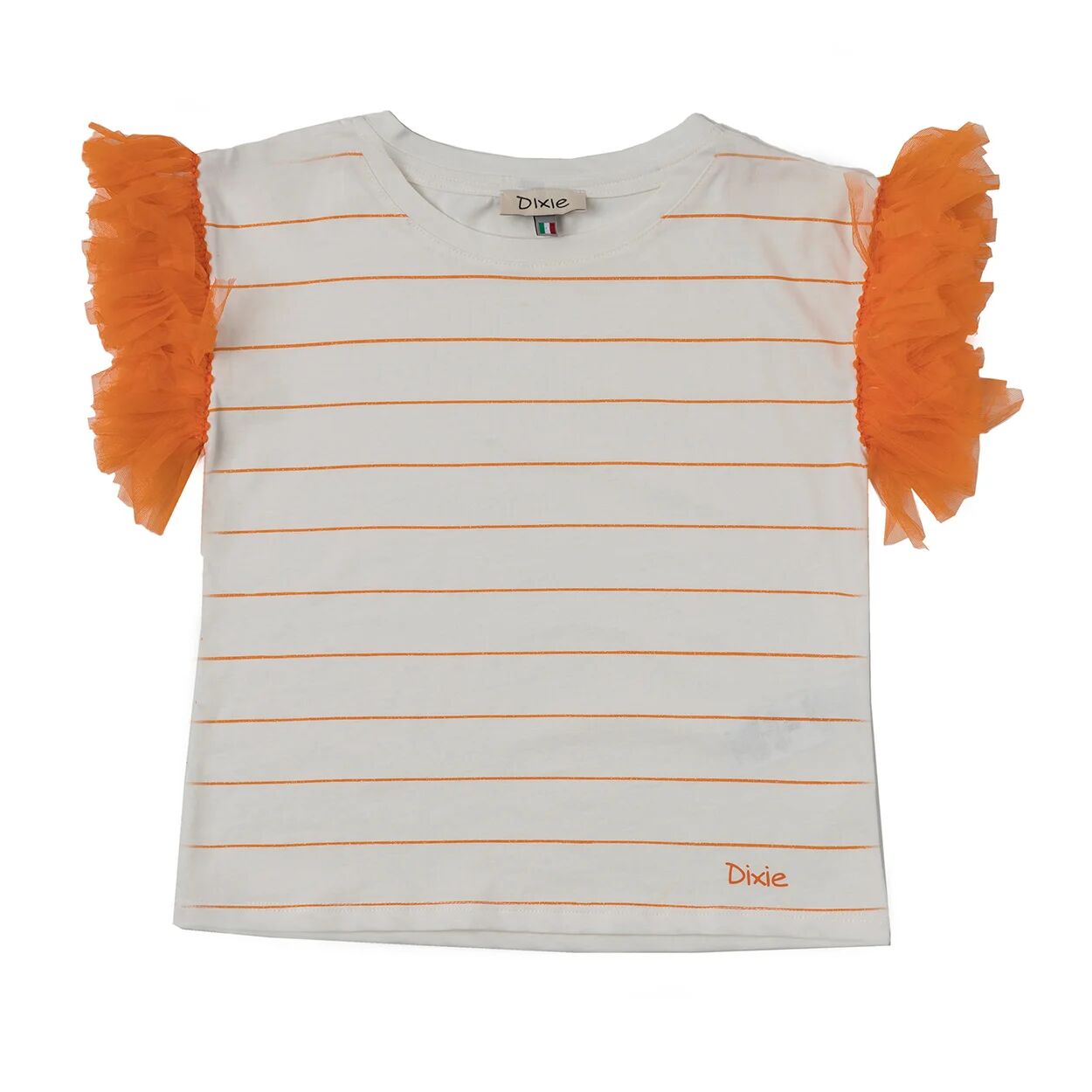 Dixie T-shirt bianca a righe con frappe in tulle sulle maniche