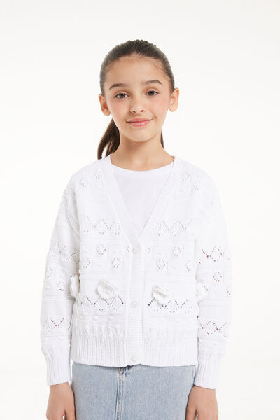 Tezenis Cardigan Manica Lunga in Cotone Calato con Applicazioni Bambina Bianco Tamaño 8-9