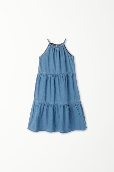 Tezenis Vestito Spalline Sottili in Denim con Balze Bambina Blu Tamaño 6-7