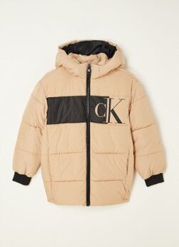 Calvin Klein Gewatteerde jas met logoprint en afneembare capuchon - Beige