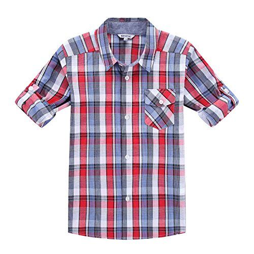 Bienzoe Jongens Knop Omhoog Overhemden: Kinder Geruite Roll Up Kraag Casual Katoen Overhemden Roze/Marine 11/12