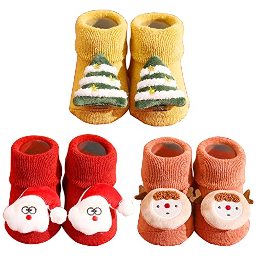 Bseical Kerstsokken voor baby's, antislip sokken voor kinderen, winter, kerstsokken, uniseks, pasgeboren, thermische wintersokken met rubberen zool, 3 stuks, a, 3 Jaar