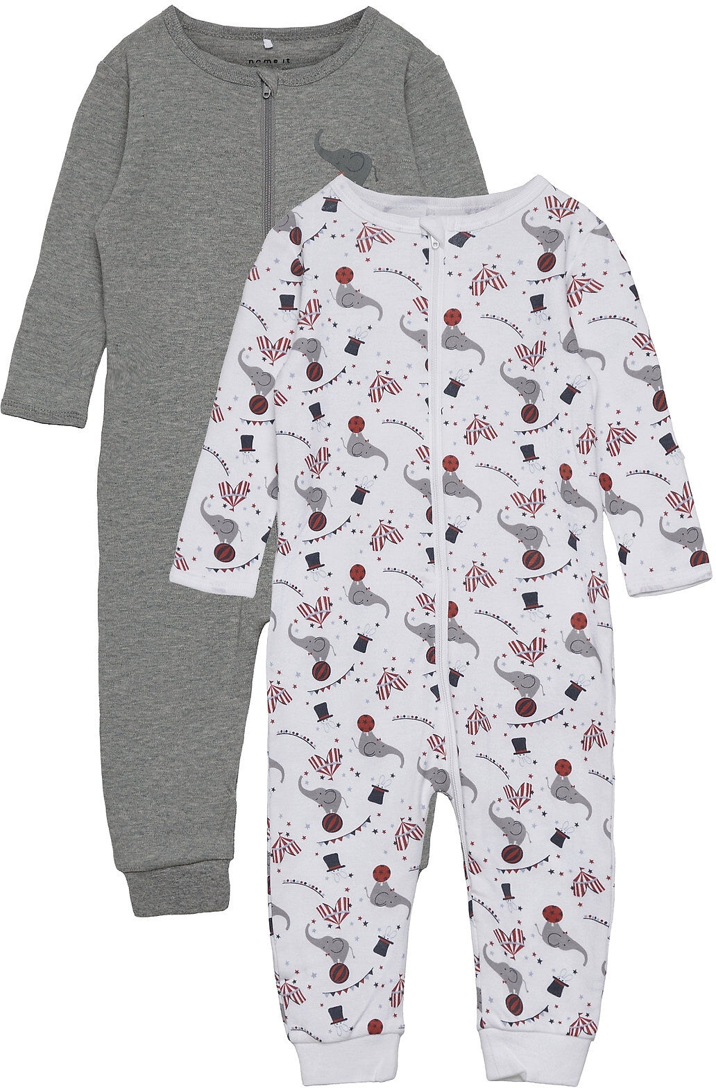 name it Nbnnightsuit 2P Zip Grey Mel Circus Langermet Bodysuit Grå Name It