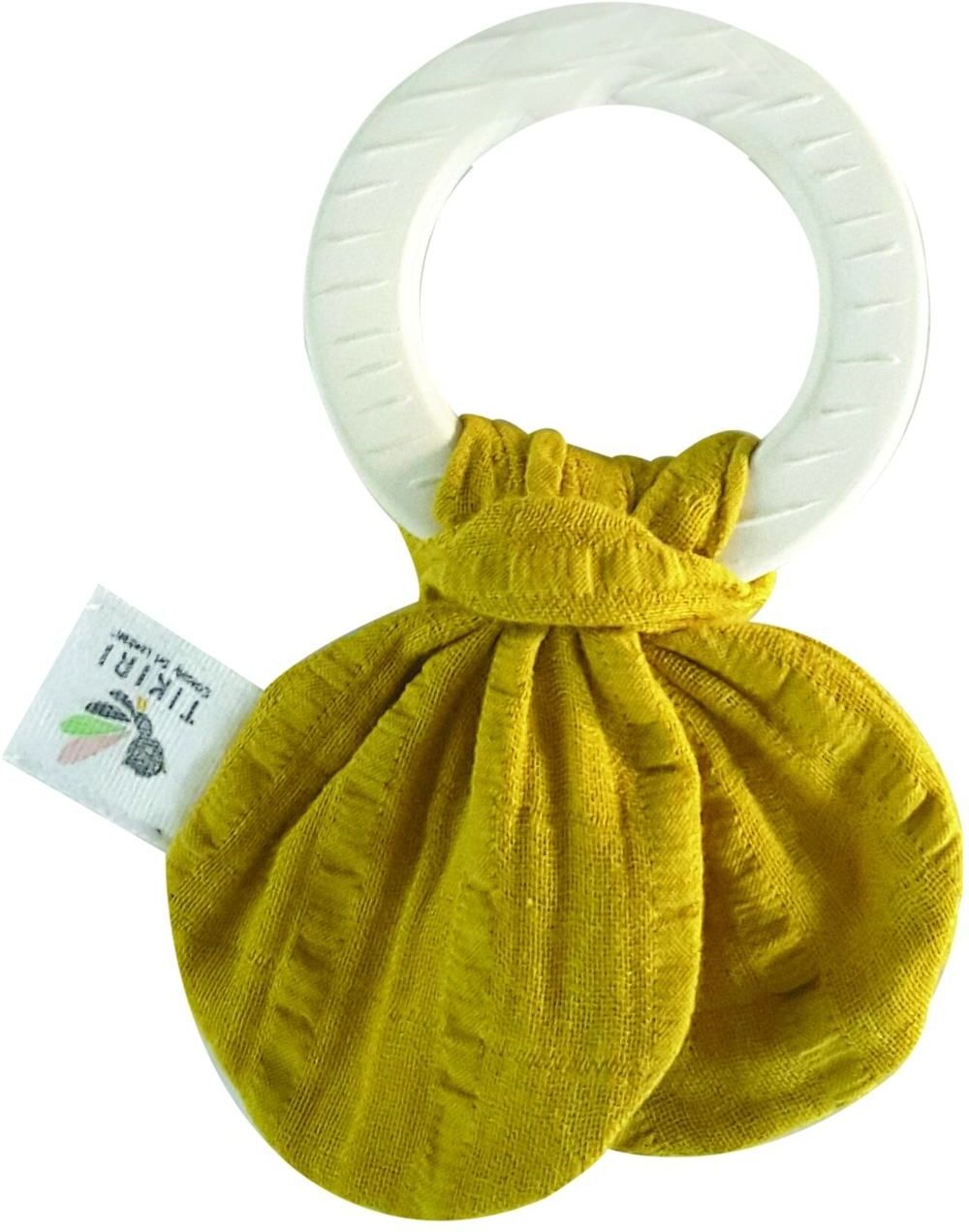 Tikiri Rubber Teething/Muslin Tie Yellow Toys Baby Toys Teething Toys Gul Tikiri