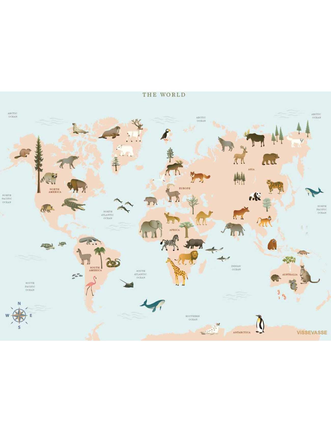 Vissevasse World Map Animal Home Kids Decor Posters Multi/mønstret Vissevasse