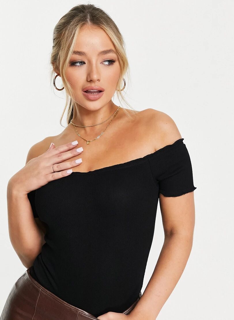 ASOS DESIGN bardot bodysuit with lettuce edge in black  Black