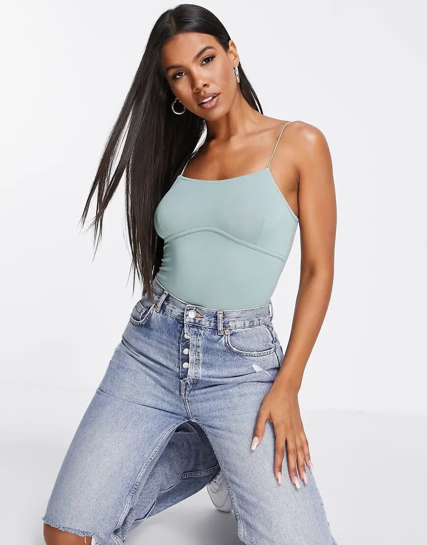 ASOS DESIGN cami bodysuit with corset bust seams in sage-Green  Green