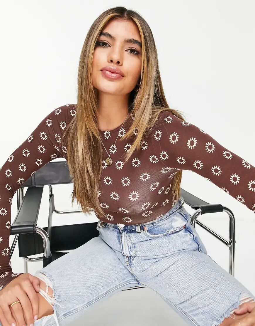 ASOS DESIGN crew neck long sleeve bodysuit in sun print-Brown  Brown