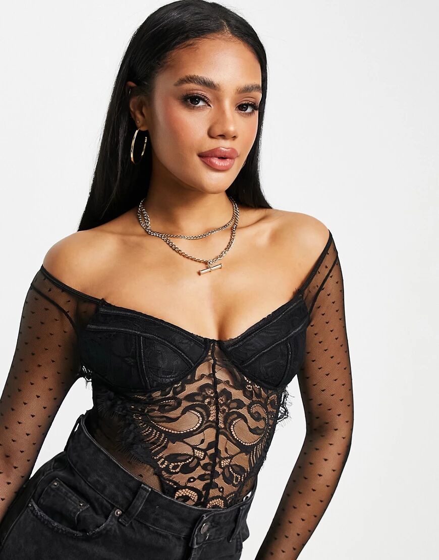 I Saw It First longsleeve lace bodysuit with lace detail in black  Black