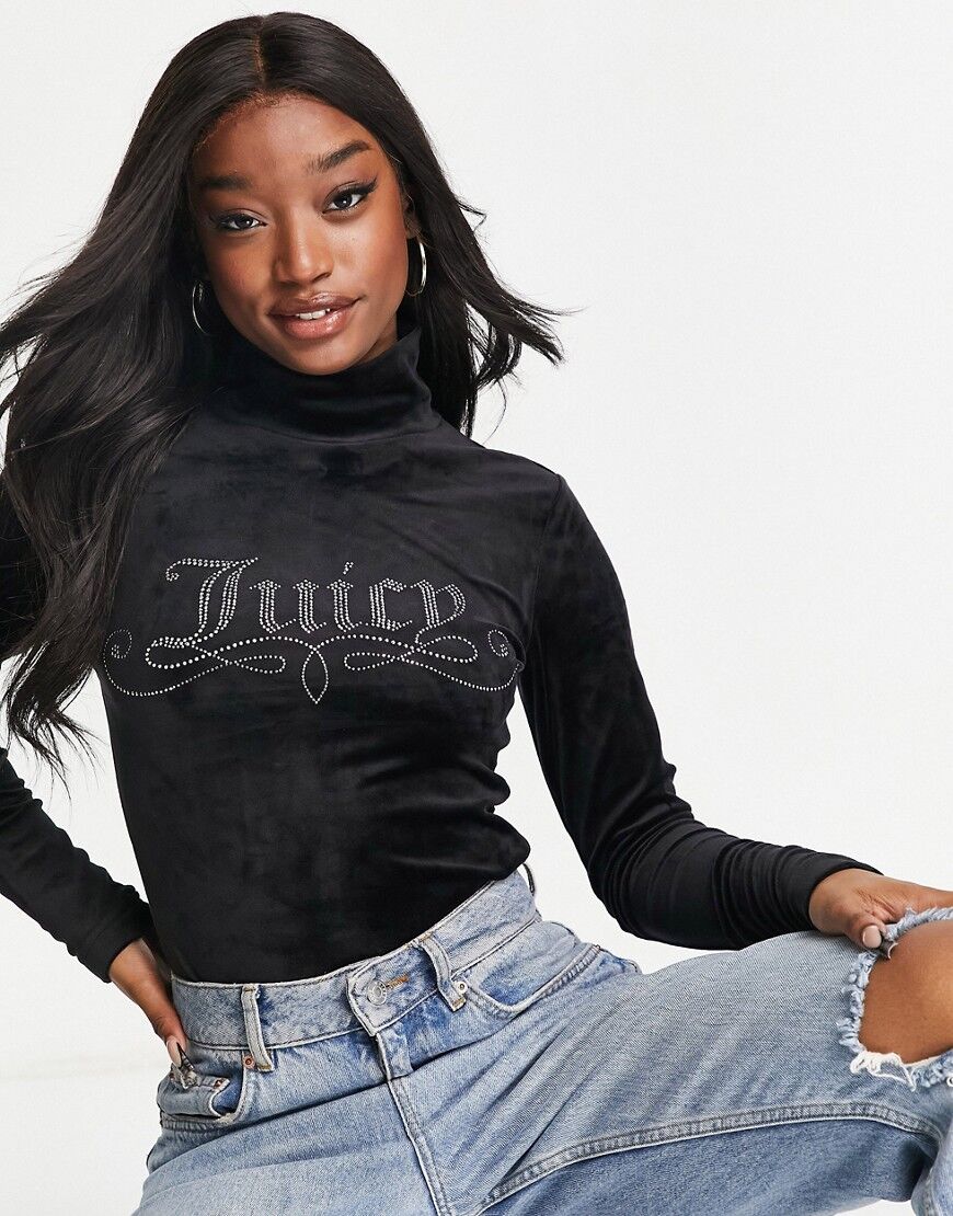 Juicy Couture velour funnel neck bodysuit with diamante detail in black  Black