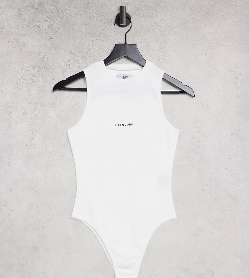 Sixth June high neck racer body in rib with front logo-White  White