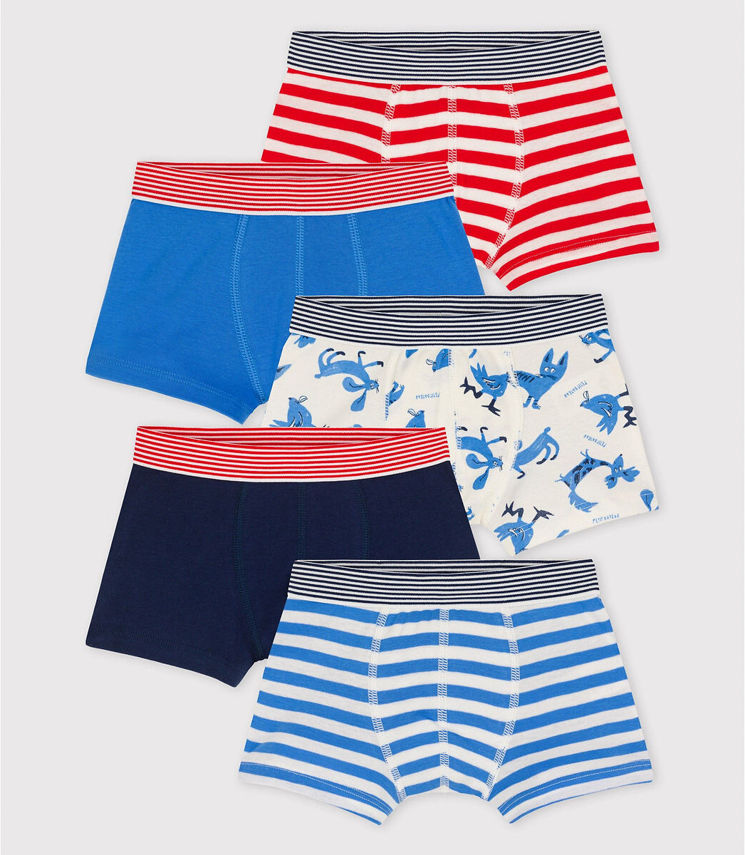 Petit Bateau Lote de 5 boxers, 3-12 anos   Branco + Azul + Vermelho