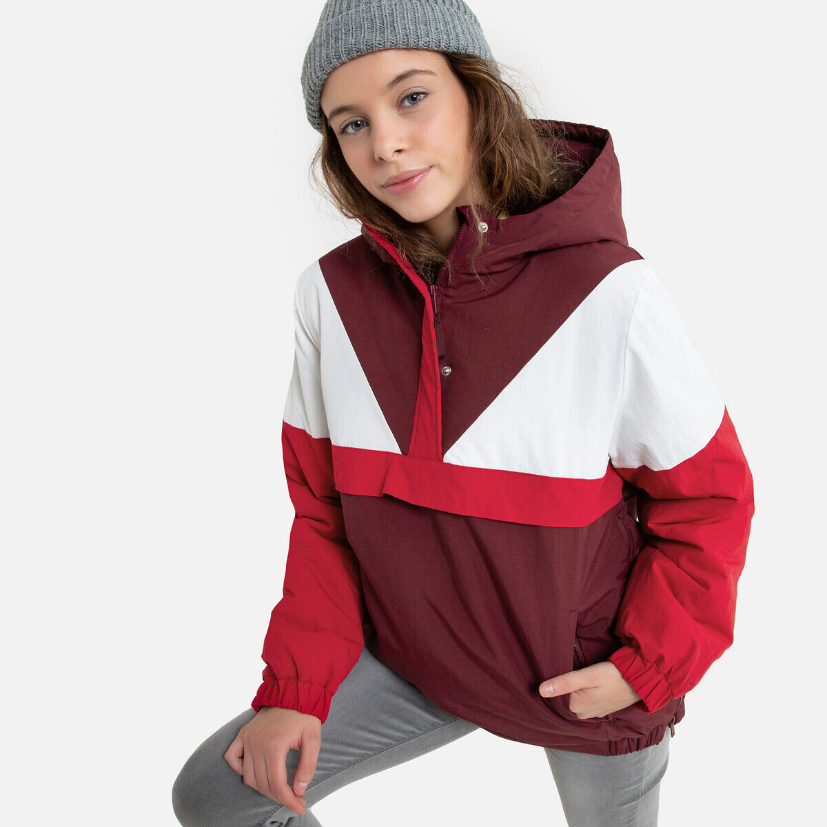 La Redoute Collections Sweat tipo corta-vento com capuz, forro polar, 10-18 anos   bordeaux/bege