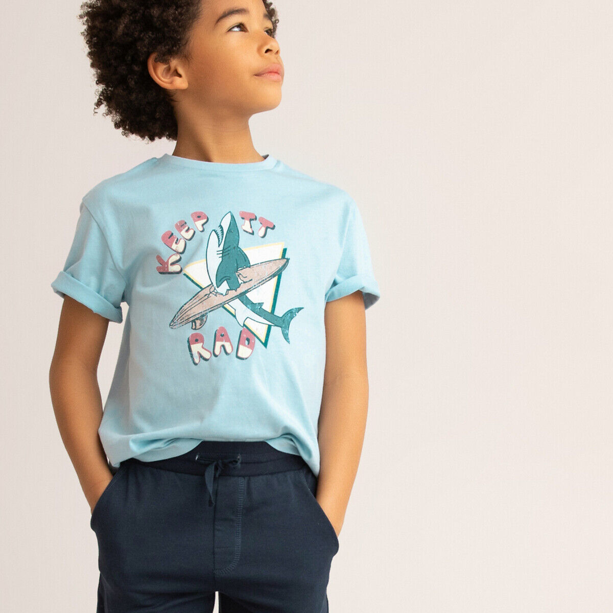 La Redoute Collections T-shirt com motivo, gola redonda, 3-12 anos   azul-claro