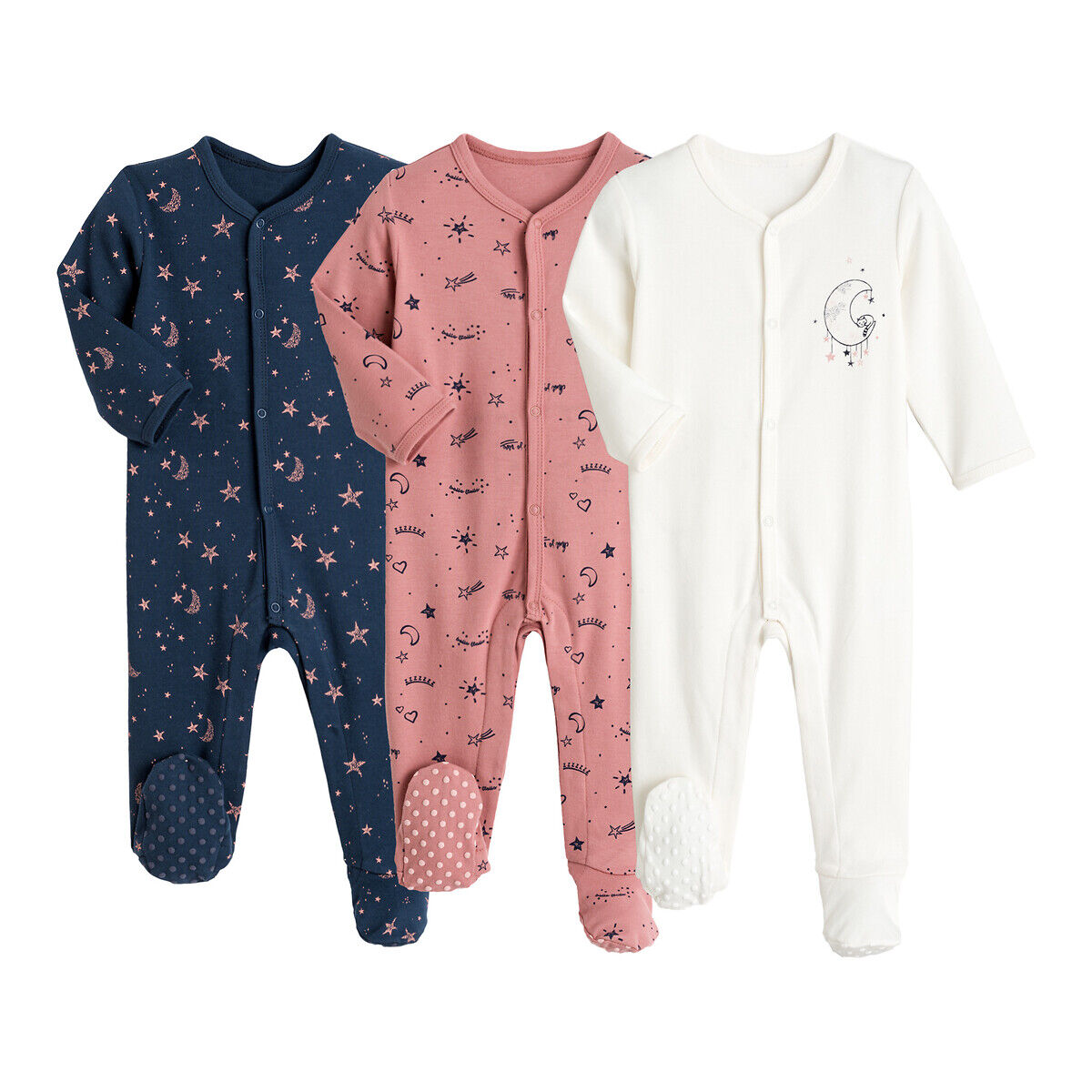 La Redoute Collections Lote de 3 pijamas, em algodão bio, prematuro-2 anos   Rosa + cru azul