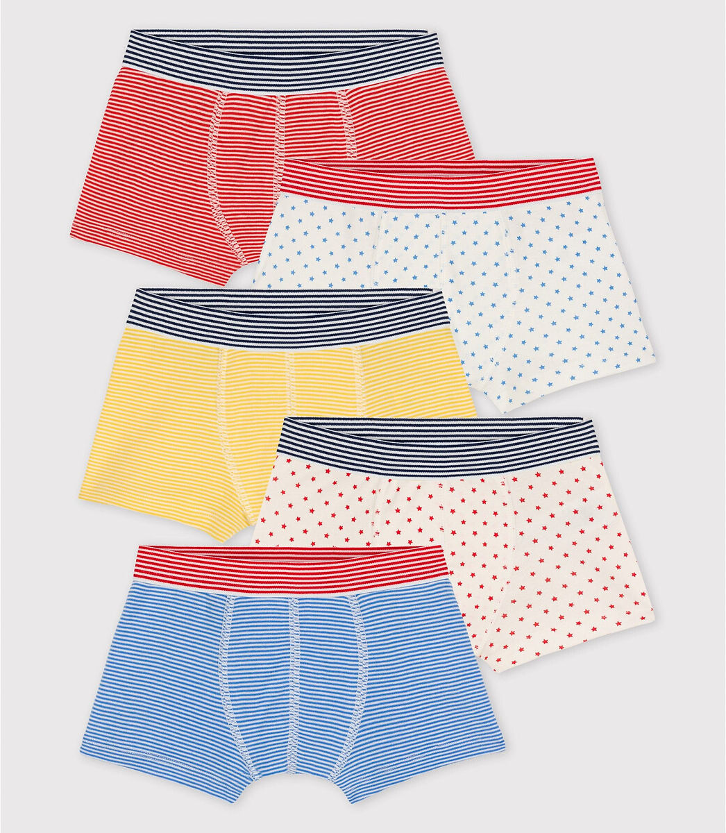 Petit Bateau Lote de 5 boxers, 3-12 anos   Azul + amarelo + vermelho