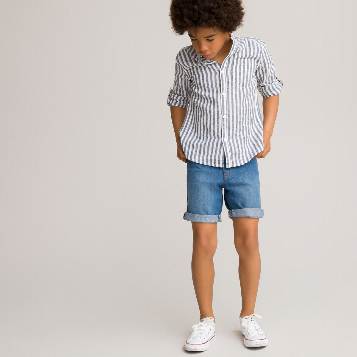 La Redoute Collections Camisa com gola mao às riscas, mistura de linho, 3-12 anos   riscas azuis