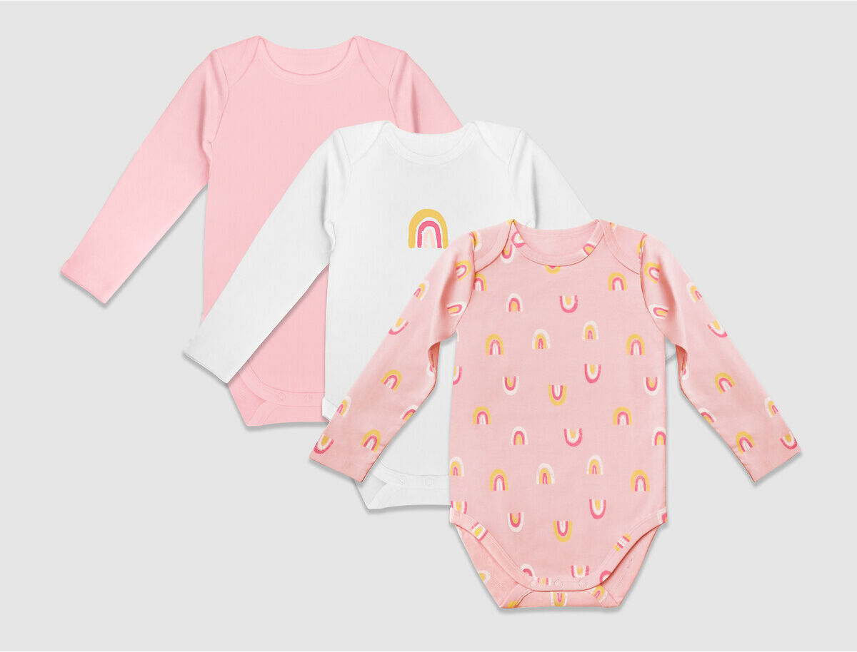 Dim Baby Lote de 3 bodies de mangas compridas, 1 mês-2 anos   Rosa + Branco