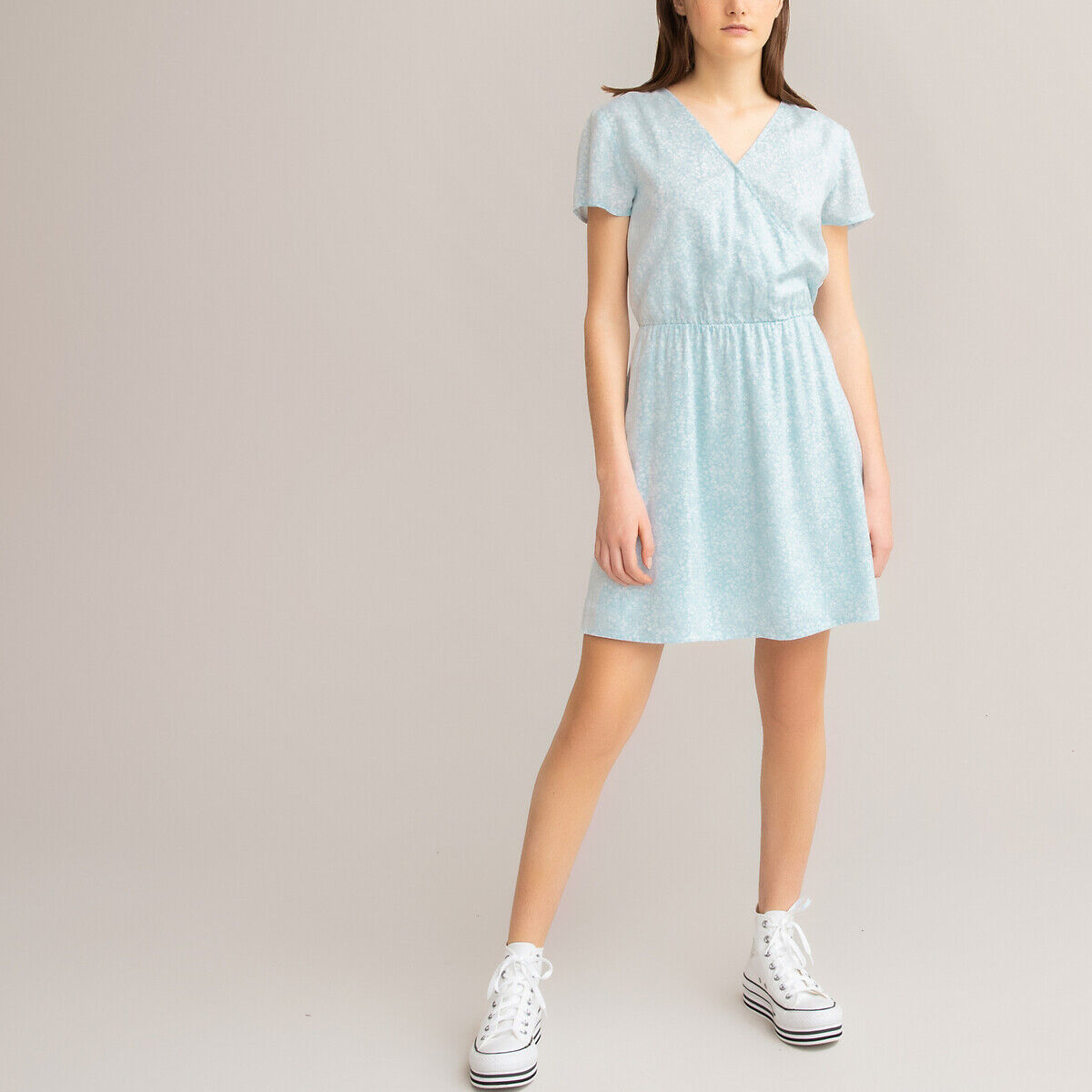 La Redoute Collections Vestido fluido e estampado com corte envelope, 10-18 anos   azul estampado flores