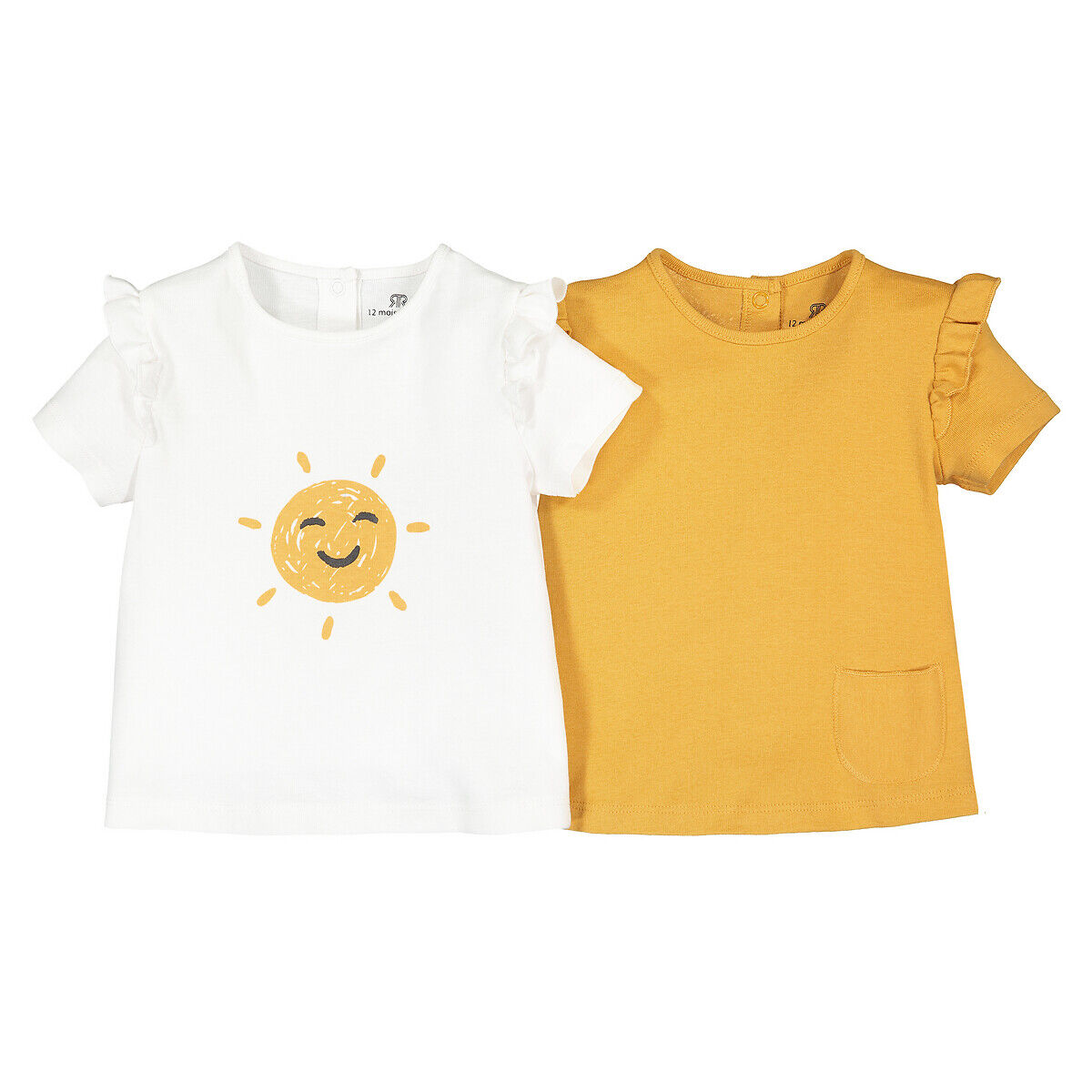 La Redoute Collections Lote de 2 t-shirts com folhos, em algodão bio, 1 mês-2 anos   Amarelo + cru