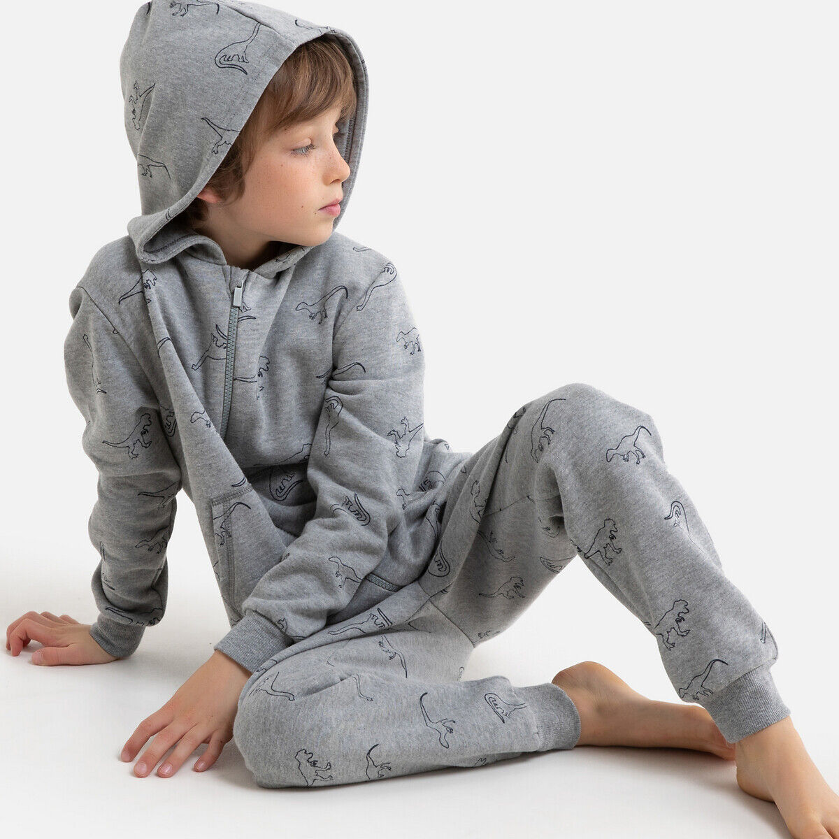 La Redoute Collections Macacão estampado com capuz, em moletão, 3-14 anos   Cinzento