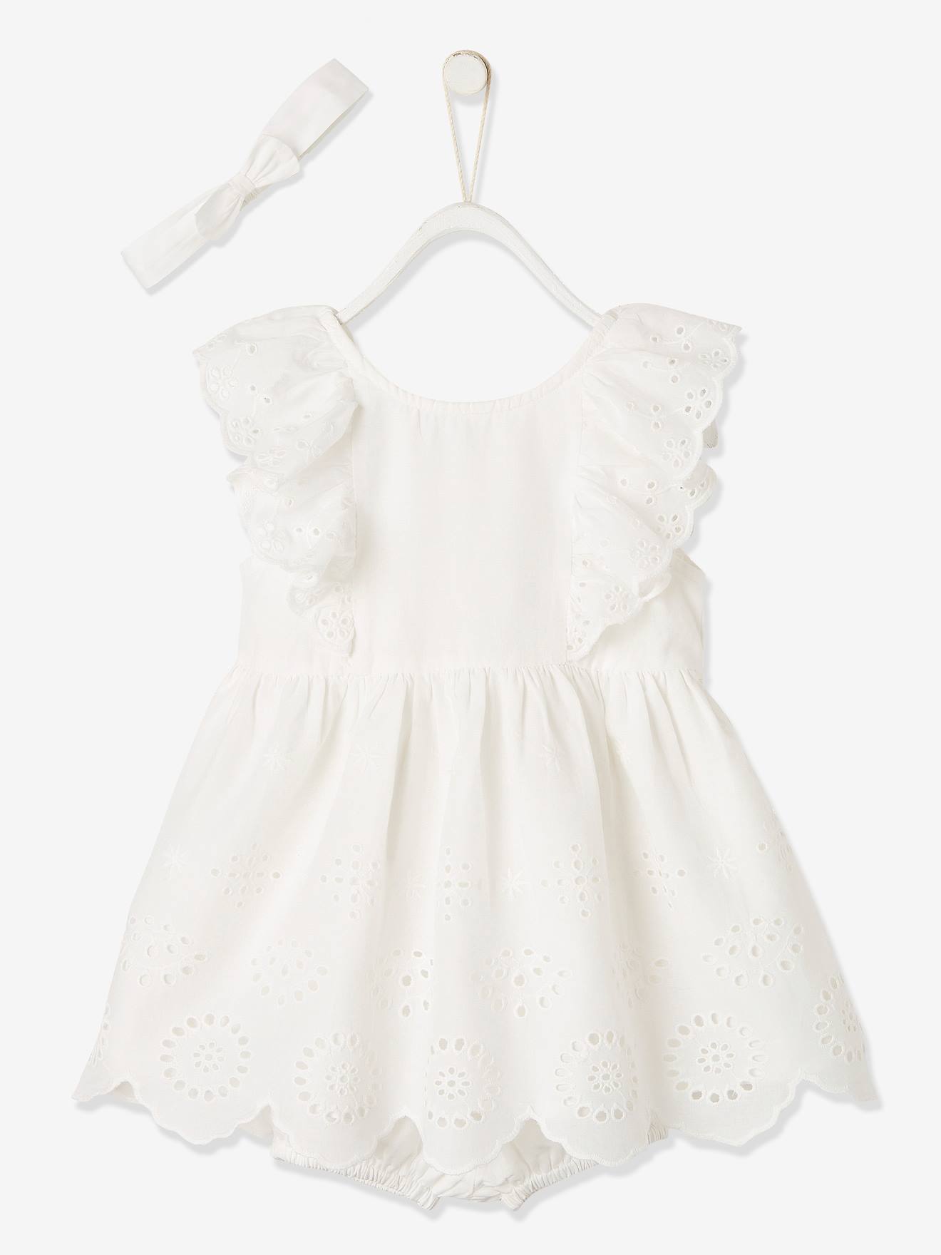 VERTBAUDET Conjunto de cerimónia para bebé: vestido, calções bloomers e fita do cabelo branco claro liso