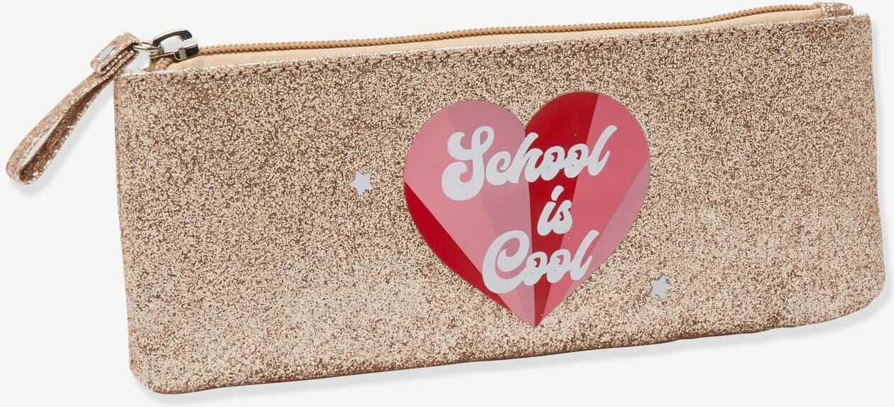 VERTBAUDET Estojo com purpurinas e coração "school is cool", para menina bege vivo liso com motivo