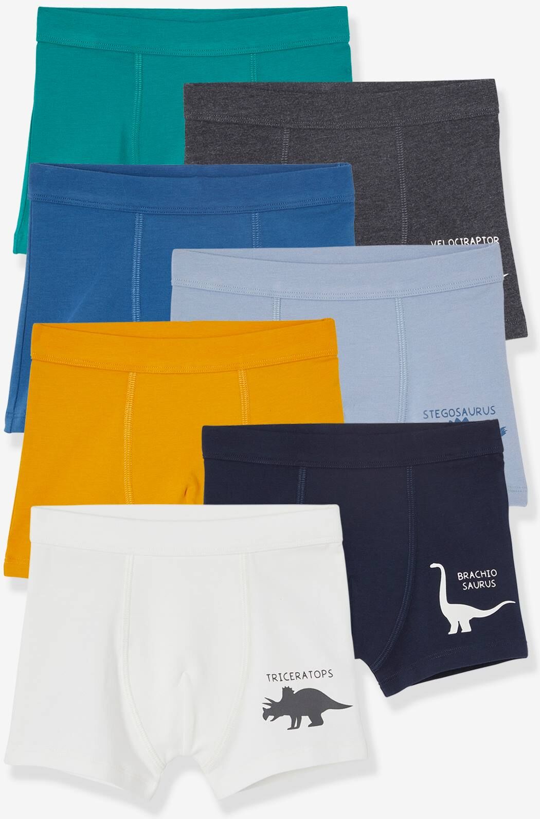 VERTBAUDET Lote de 7 boxers stretch Dinossauros, para menino branco claro liso