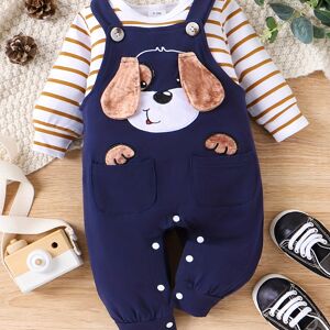 Temu Baby Boys Girls Adorable Long Sleeve Striped Romper & Cartoon Adjustable Button Suspender Pocket Pants Set 0-18 Months, Winter/fall - 6-9M