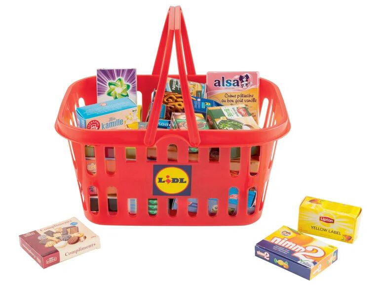 PLAYTIVE® Nákupný košík s miniatúrami výrobkov (červená s výrobkami do kuchyne)