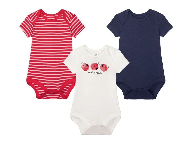 LUPILU® Chlapčenské bavlnené body s krátkym rukávom pre bábätká BIO, 3 kusy (50/56, pruhy / červená / biela / navy modrá)