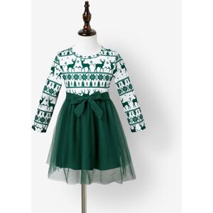 PatPat Christmas Family Matching Green Festival Theme Print Tops and Mesh Splicing Dresses Sets  - Green