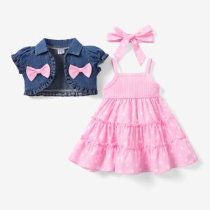 PatPat 3pcs Baby Girl Sweet Denim Cardigan and Polka Dot Dress Set with Headband  - Pink