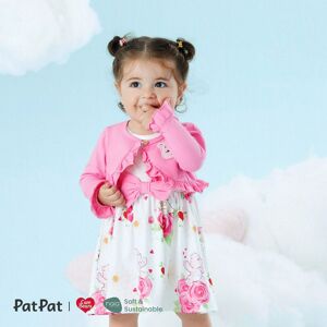PatPat Care Bears 2pcs Baby/Toddler Girl Cotton Long-sleeve Ruffle Trim Cardigan and Floral Print Tank Dress Set  - Pink